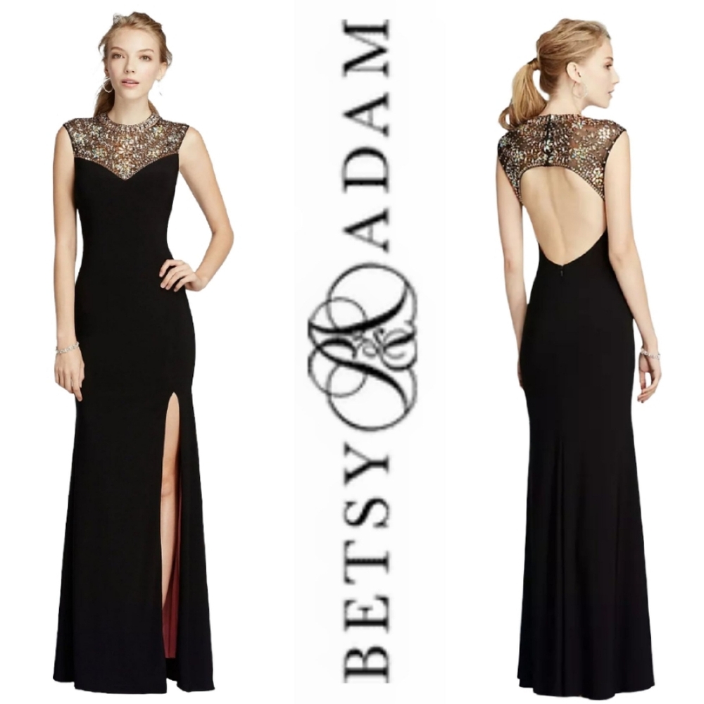 Betsy & Adam Beaded High Neck Tank Prom Dress With Side Slit
